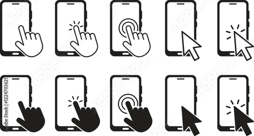 Smartphone screen cursor click vector icon in line and silhouette style. Click the pointer icon symbol on the smart phone touch screen. Vector illustration