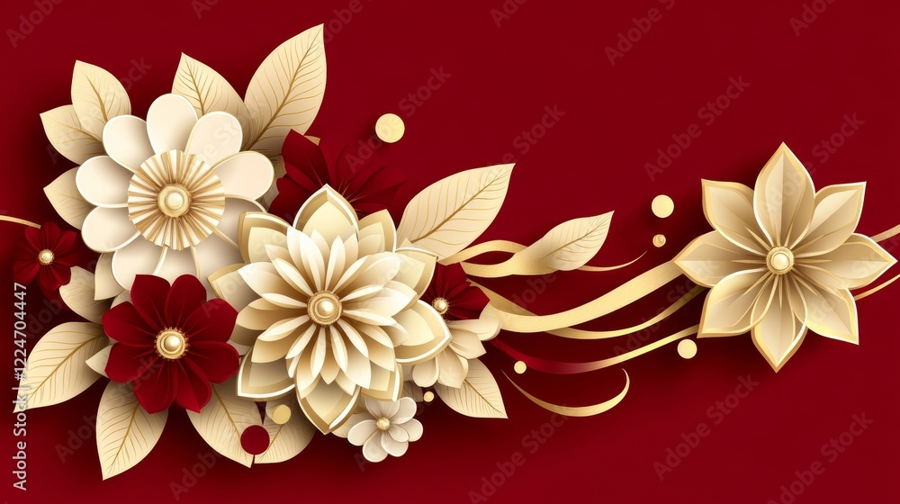 Obraz premium Elegant Gold and Burgundy Paper Flowers Design