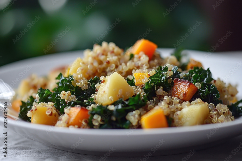 A healthy quinoa salad with roasted vegetables and fresh greens, plated beautifully for a delicious meal. A healthy quinoa salad with roasted vegetables and fresh greens, plated beautifully for a delicious meal.