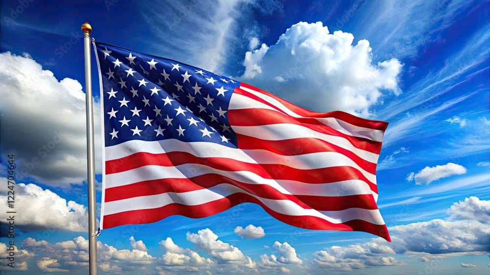 American flag waves proudly against a vibrant blue sky, a perfect Fourth of July image. American flag waves proudly against a vibrant blue sky, a perfect Fourth of July image.