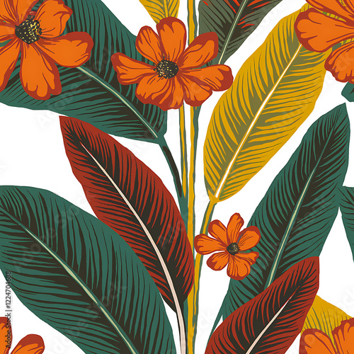 Tropical Floral Pattern with Vibrant Orange Flowers and Exotic Leaves