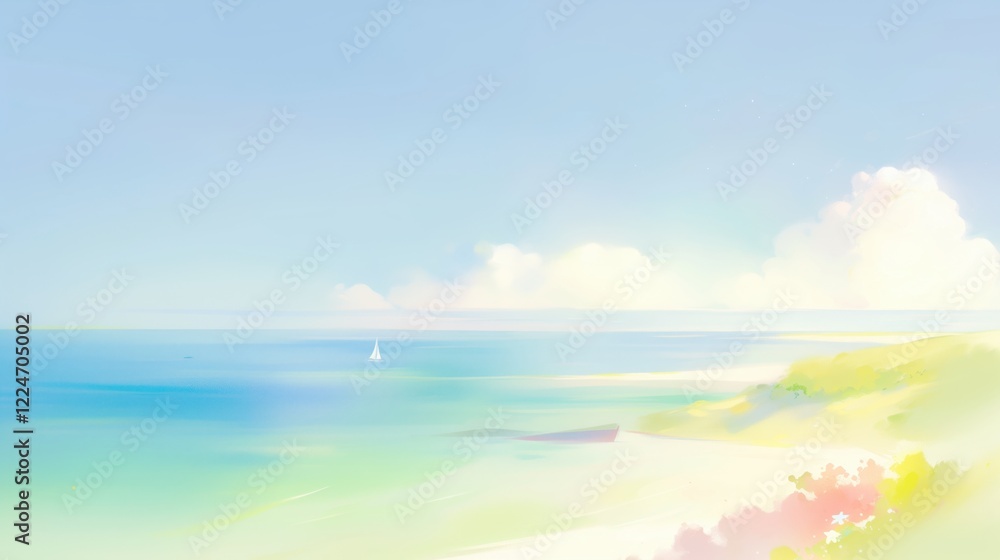 Fototapeta premium beach, sea, ocean, sky, clouds, summer, calm, serene, peaceful, tranquil, horizon, sailboat, landscape, pastel, soft, colors, water, sand, shore, coast, nature, beautiful, scenic, view, sunny, bright