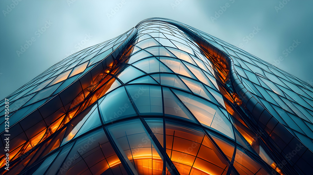 A modern, curvilinear glass building reflecting warm light against a moody sky. A modern, curvilinear glass building reflecting warm light against a moody sky.