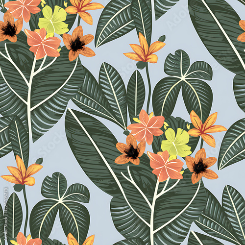 Exotic Botanical Pattern - Orange Tropical Flowers with Lush Green Leaves