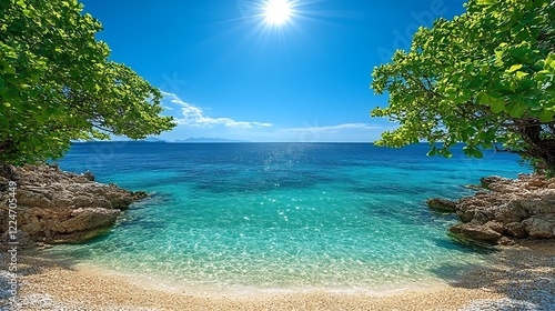 A relaxing hammock between two palm trees with clear turquoise waters and a bright sunny sky.