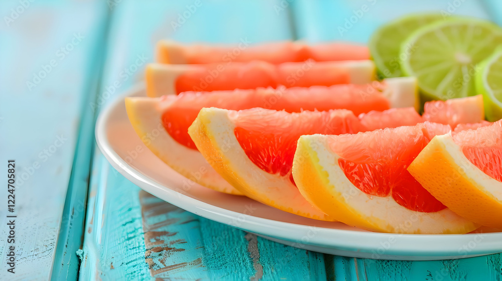 A plate of sliced grapefruit and lime on a blue wooden table. A plate of sliced grapefruit and lime on a blue wooden table.