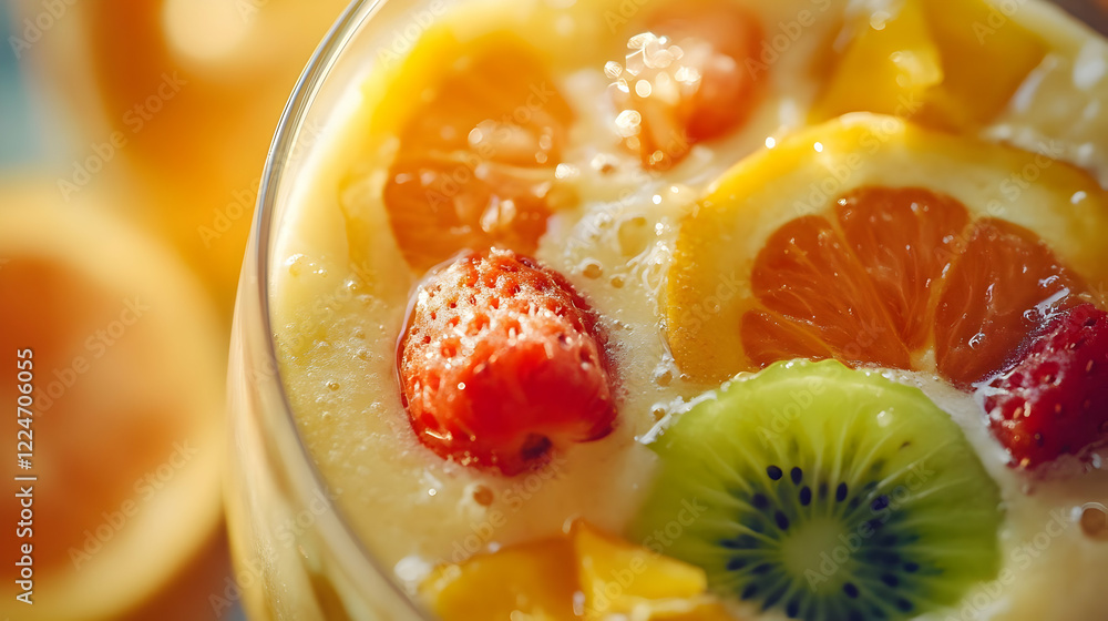 A refreshing fruit drink with strawberries, citrus slices, and kiwi. A refreshing fruit drink with strawberries, citrus slices, and kiwi.
