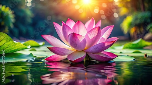 Wallpaper Mural A serene lotus blossom, sharply focused, floats on calm water, its vibrant petals a testament to nature's beauty. Torontodigital.ca