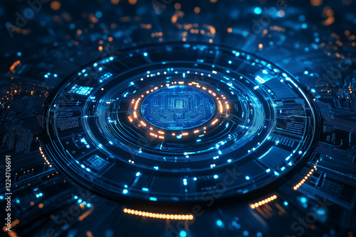 Wallpaper Mural A blue circuit board with an integrated chip glowing in the center, representing advanced technology and computer chips for microprocessors . Torontodigital.ca