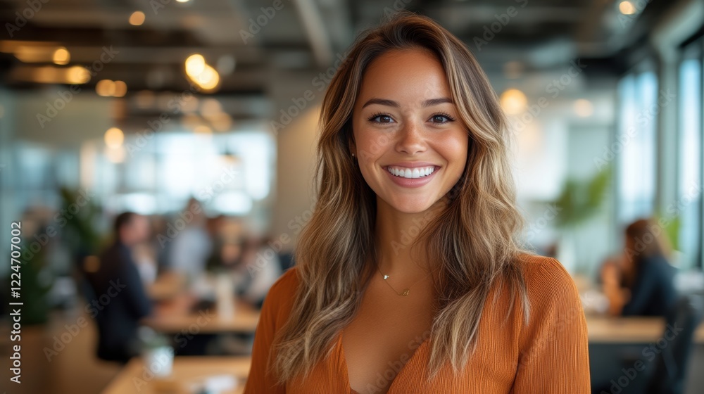 Cheerful woman smiling in a modern office setting Cheerful woman smiling in a modern office setting