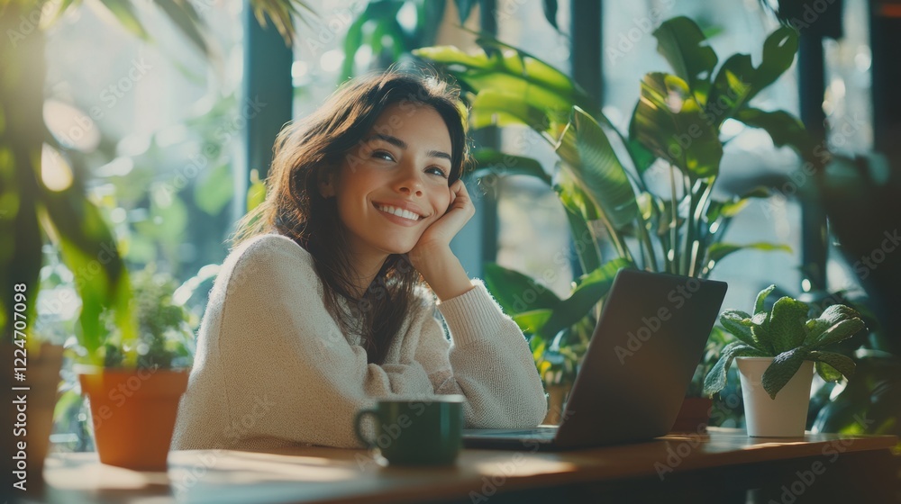 Smiling Woman Enjoying Remote Work Surrounded by Greenery Smiling Woman Enjoying Remote Work Surrounded by Greenery