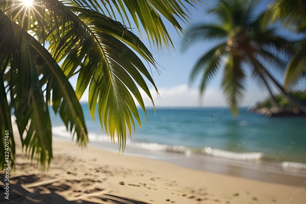 Fototapeta premium Blur beautiful nature green palm leaf on tropical beach with bokeh sun light wave abstract background. Generative AI