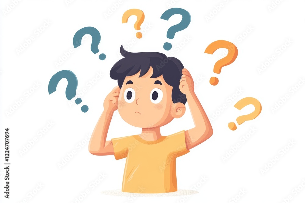 Boy Contemplating with Question Marks Boy Contemplating with Question Marks