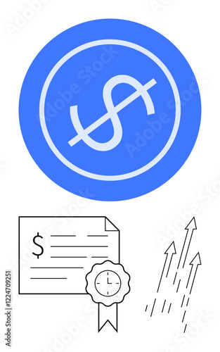 Dollar symbol with slash in blue circle, certificate with clock seal, and downward arrows. Ideal for finance, economics, investment, recession, business losses, financial stability devaluation