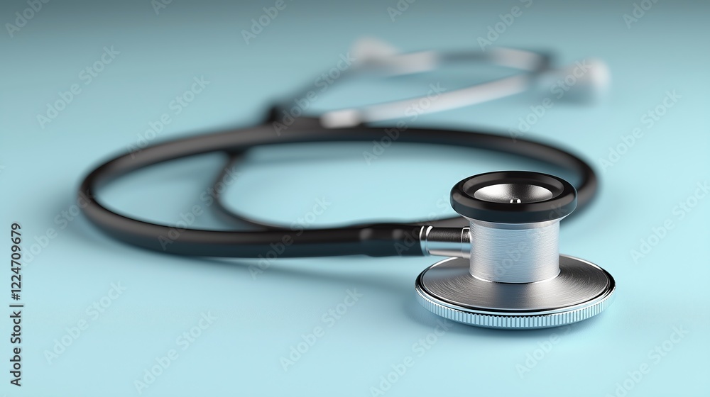 Stethoscope resting on a reflective surface in a clinical setting Stethoscope resting on a reflective surface in a clinical setting