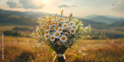 Beautiful daisy bouquet in a sunlit meadow with a warm golden sunset over rolling hills.  
