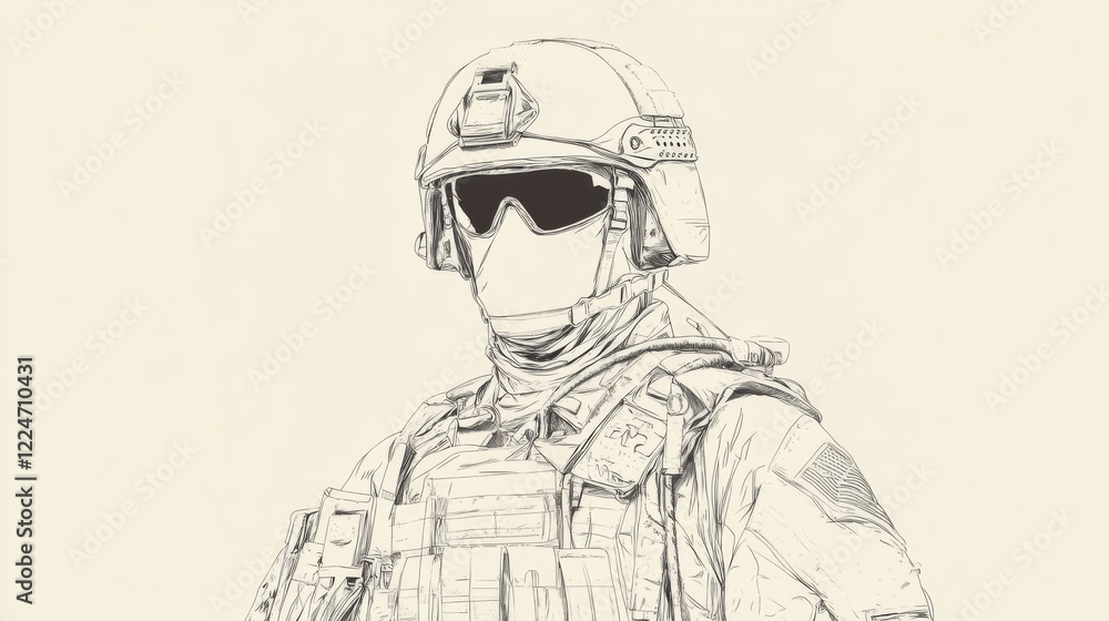 Sketch of a soldier in full tactical gear, helmet, and eyewear.