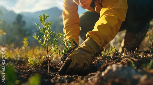 Close-up of ranger planting tree saplings, vibrant natural surroundings, focused expression and conservation effort photo