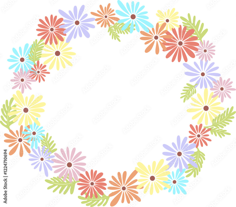 Pastel daisy flower and leaves wreath flat design illustration for decoration on romantic event , spring seasonal and Easter festival. Pastel daisy flower and leaves wreath flat design illustration for decoration on romantic event , spring seasonal and Easter festival.