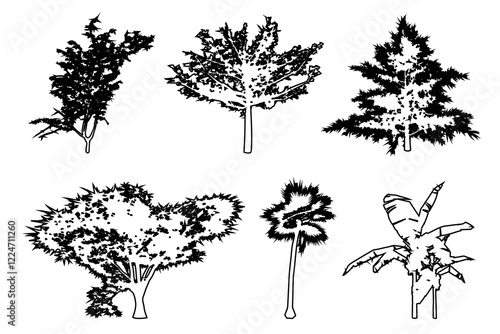 Set or collection of trees as a black line drawing silhouette on white background. Concept or conceptual vector for nature, planet, ecology conservation, strength, endurance and  beauty