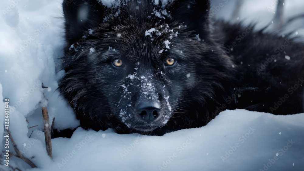 Naklejka premium Black wolf in the snow