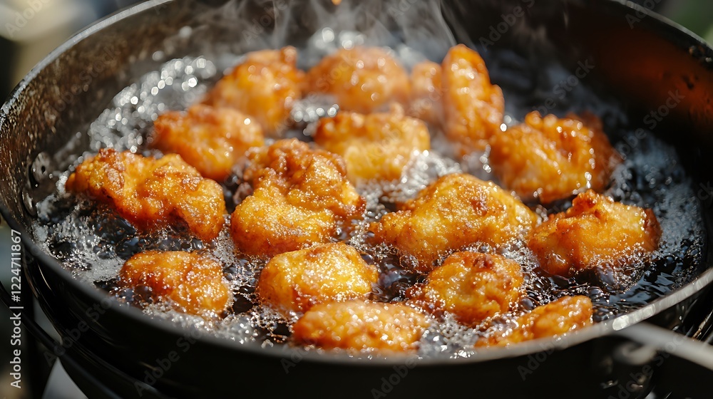 A frying to a nice crispy golden brown in an outdoor home deep fryer A frying to a nice crispy golden brown in an outdoor home deep fryer