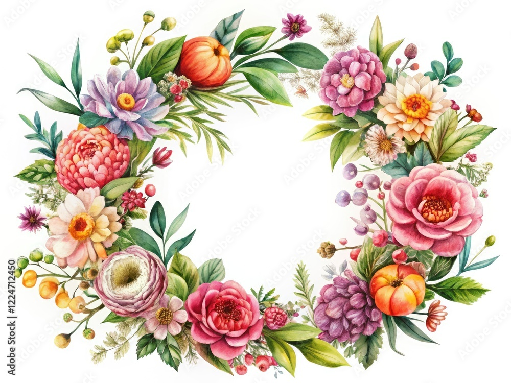 Delicate hand-drawn floral wreaths, stark white backdrop, complementing AI-generated landscape photography.