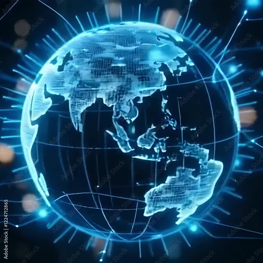Futuristic Holographic Globe Spinning Midair With Glowing Digital Connections Crisscrossing the Surface, Symbolizing Global Communication Futuristic Holographic Globe Spinning Midair With Glowing Digital Connections Crisscrossing the Surface, Symbolizing Global Communication