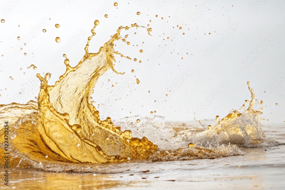 Obraz premium Liquid Gold Abstract Splash: Minimalist White Background Panoramic Stock Photo