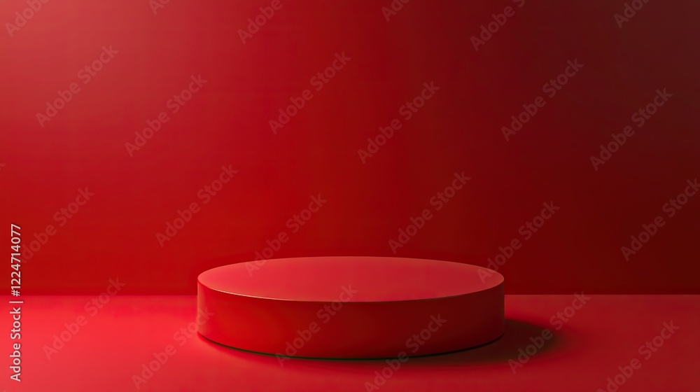 Red cylindrical platform against a matching red backdrop. Minimalist design. Red cylindrical platform against a matching red backdrop. Minimalist design.