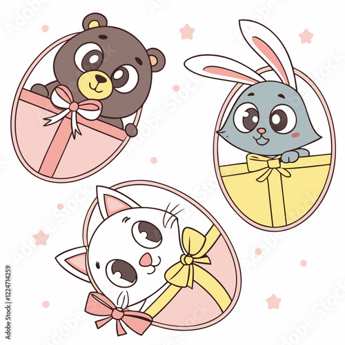 Adorable Animals Peeking from Gift Boxes: Cute Cartoon Illustration