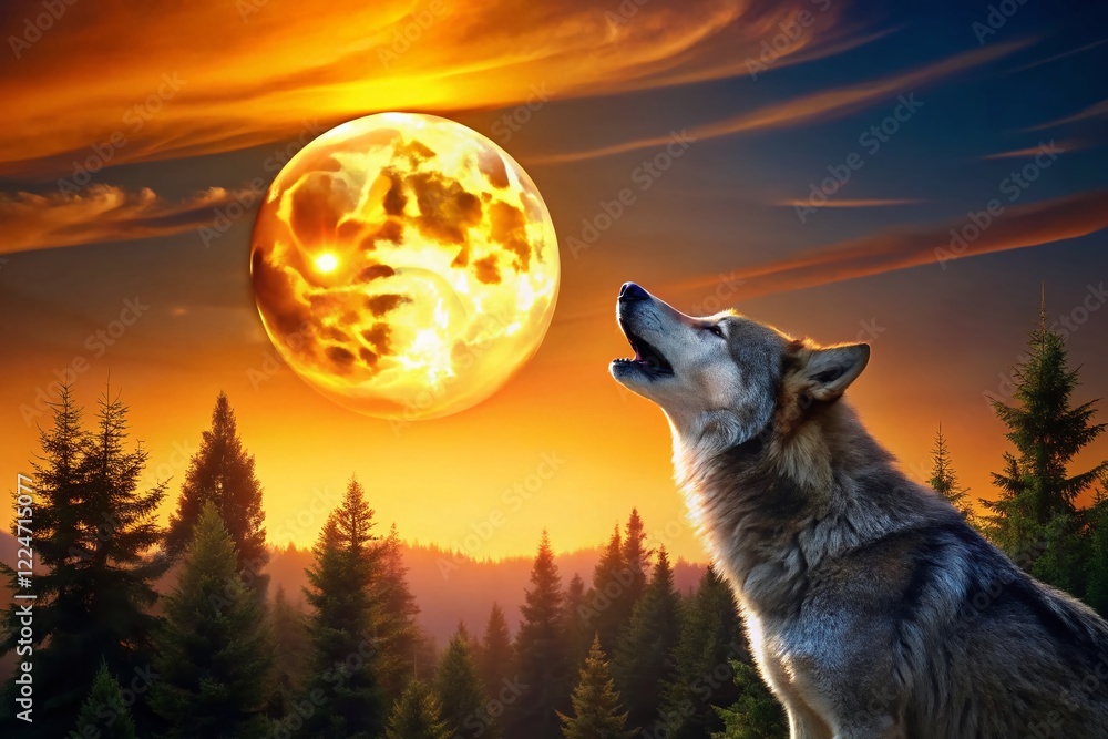 Lone Wolf Howling at Sunset Full Moon - Candid Wildlife Photography Lone Wolf Howling at Sunset Full Moon - Candid Wildlife Photography