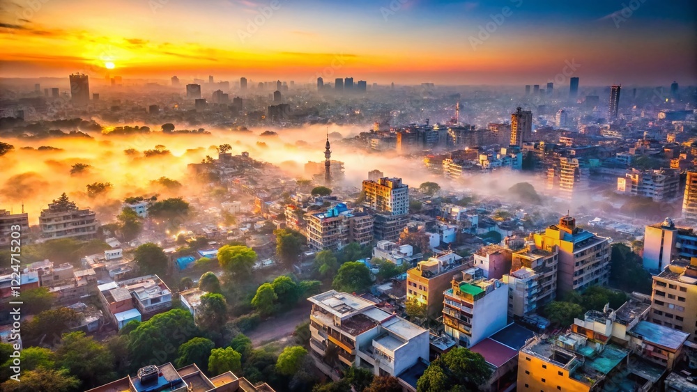 Fototapeta premium Long Exposure Aerial Cityscape: Foggy Indian Metropolis at Dawn