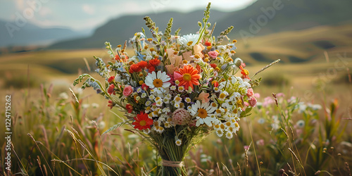 Romantic wildflower bouquet with soft pink, white, and orange blooms set in a lush meadow.  

