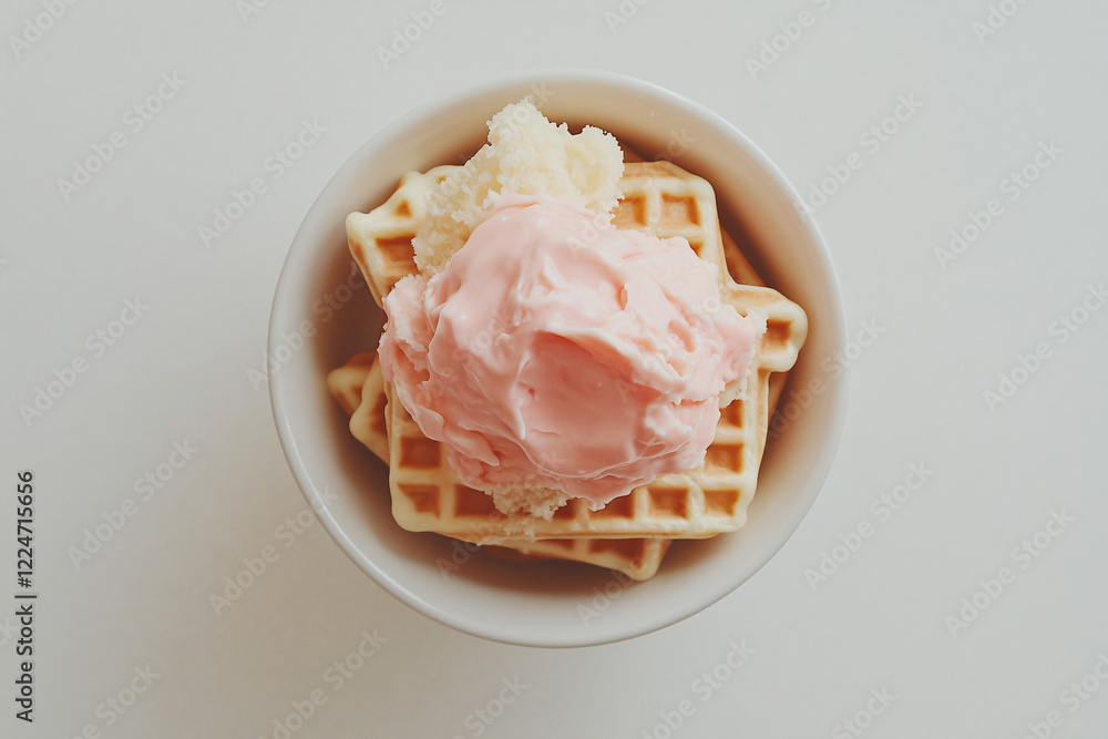 Strawberry Ice Cream and Waffles: A delectable overhead shot of a bowl filled with crispy waffles and topped with a generous scoop of creamy strawberry ice cream.  A simple yet satisfying dessert. 