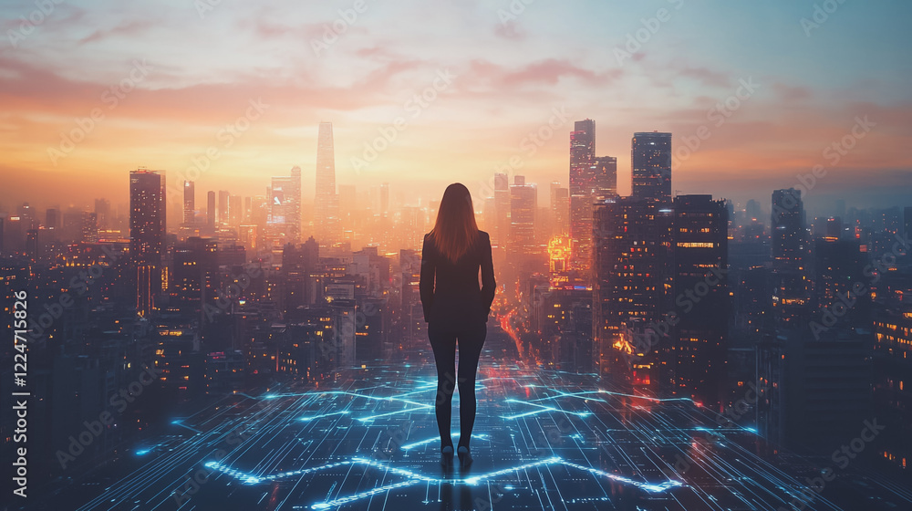 Abstract business woman stands on Smart digital Innovation city with connection network reciprocity over the twilight cityscape. of future wireless digital city and social media networking systems Abstract business woman stands on Smart digital Innovation city with connection network reciprocity over the twilight cityscape. of future wireless digital city and social media networking systems