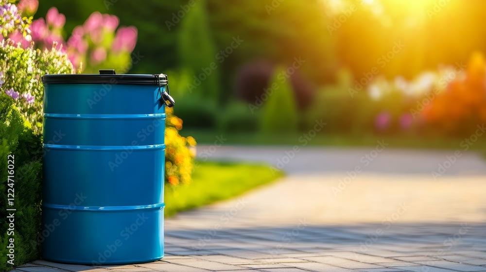 A blue trash can positioned beside a flower garden on a sunny day, enhancing outdoor cleanliness A blue trash can positioned beside a flower garden on a sunny day, enhancing outdoor cleanliness