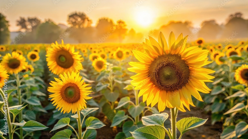 Fototapeta premium Soft morning light illuminates tall yellow sunflowers in a field, countryside, nature