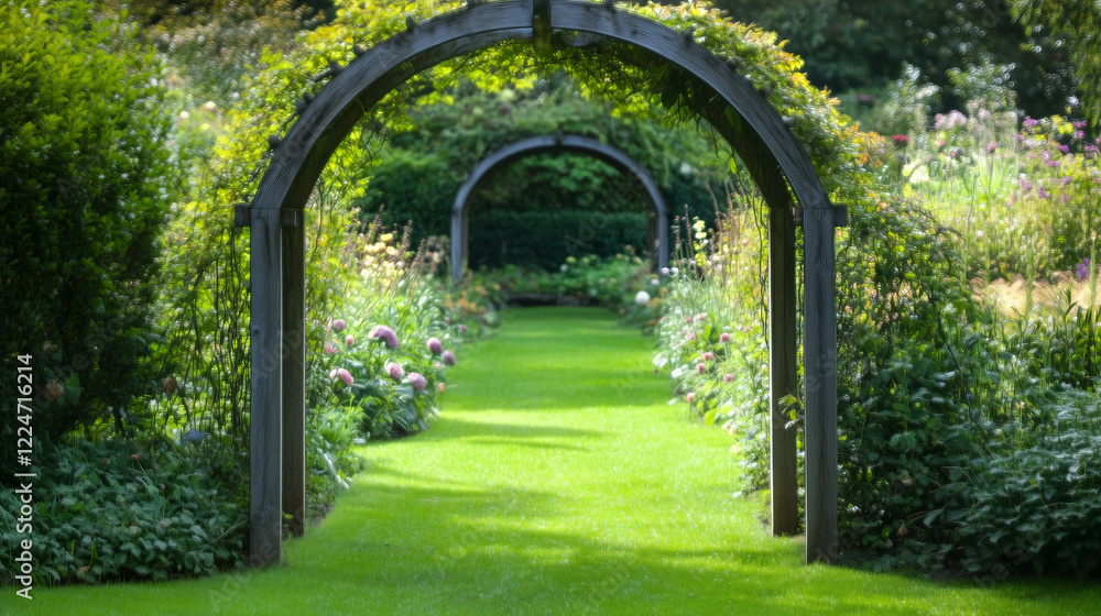 Fototapeta premium One minimalist, clean-lined garden arch, its wood natural against a green backdrop.