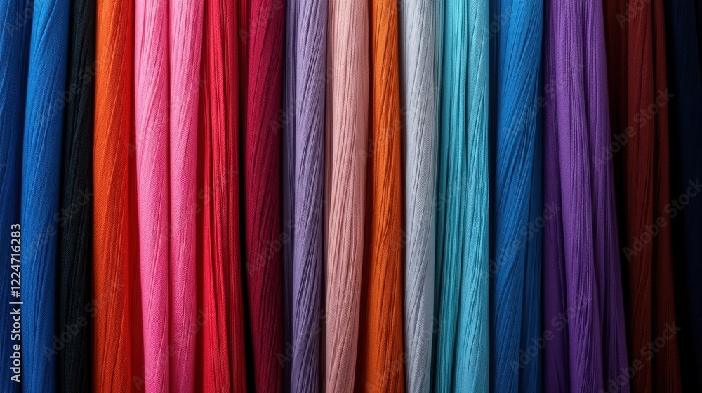 A row of colorful scarves are displayed in a store A row of colorful scarves are displayed in a store