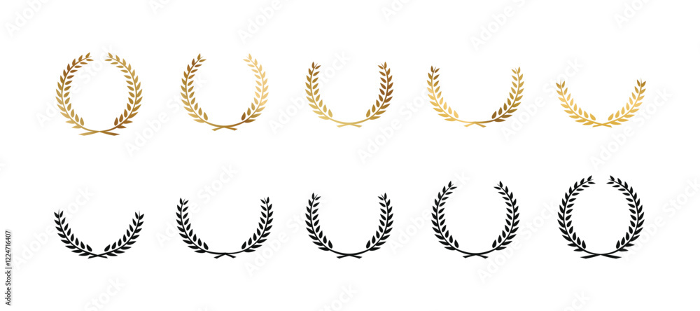 Laurel wreath icon set. Сollection of black and gold circular foliate laurels branches. Vintage laurel wreaths, wheat and oak wreaths depicting an award, achievement. Laurel wreath icon set. Сollection of black and gold circular foliate laurels branches. Vintage laurel wreaths, wheat and oak wreaths depicting an award, achievement.