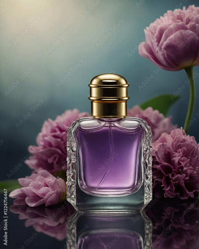Elegant Perfume Bottle with Intricate Glass Work Displayed Against a Vibrant Floral Backdrop perfume commercial advertisement display Elegant Perfume Bottle with Intricate Glass Work Displayed Against a Vibrant Floral Backdrop perfume commercial advertisement display