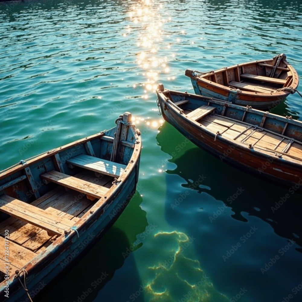 Sparkling water beneath weathered wooden boat moorings, wood, ripples Sparkling water beneath weathered wooden boat moorings, wood, ripples