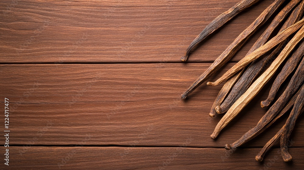 Naklejka premium Assorted vanilla bean arranged on a wooden surface, showcasing their textures and colors