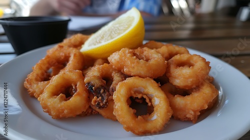 A plate of fresh fried calamary rings with lemon