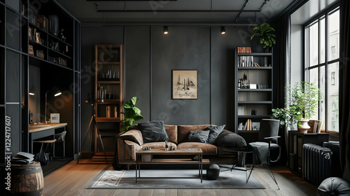 Stylish office with slate-gray walls and blackened steel elements, creating a moody, contemporary environment photo