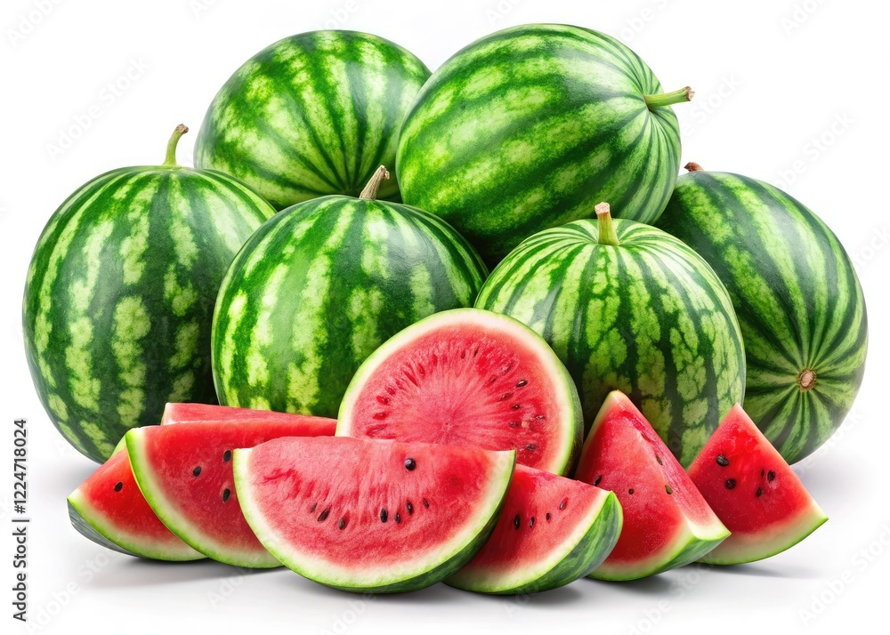 Fresh watermelon images, juicy and isolated on a white background, create a vibrant summer collage. Fresh watermelon images, juicy and isolated on a white background, create a vibrant summer collage.