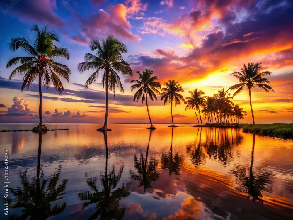 Obraz premium Long Exposure Palm Trees at Bay, Peaceful Sunset Seascape