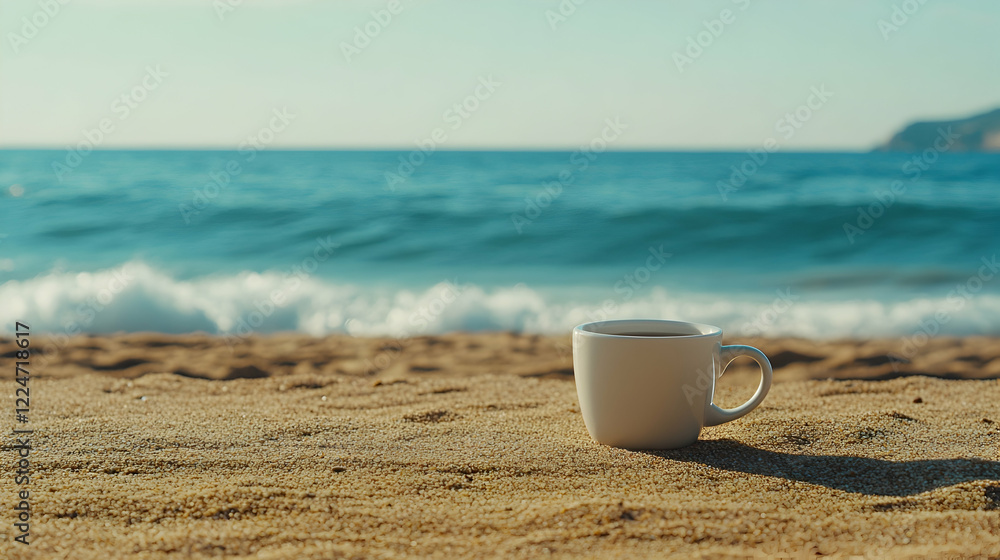 Tea or coffee cup placed on the sand at the beach with a view of the sea in the background Tea or coffee cup placed on the sand at the beach with a view of the sea in the background