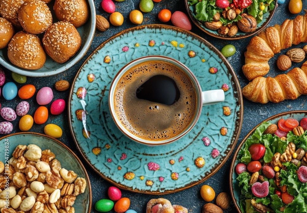 Naklejka premium Delightful Coffee and Colorful Snacks on a Decorative Table